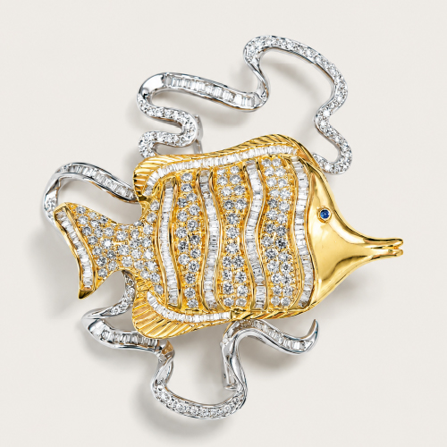 18K White/Yellow Gold Diamond & Blue Sapphire Pendant/Brooch
