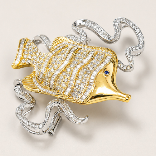 18K White/Yellow Gold Diamond & Blue Sapphire Pendant/Brooch