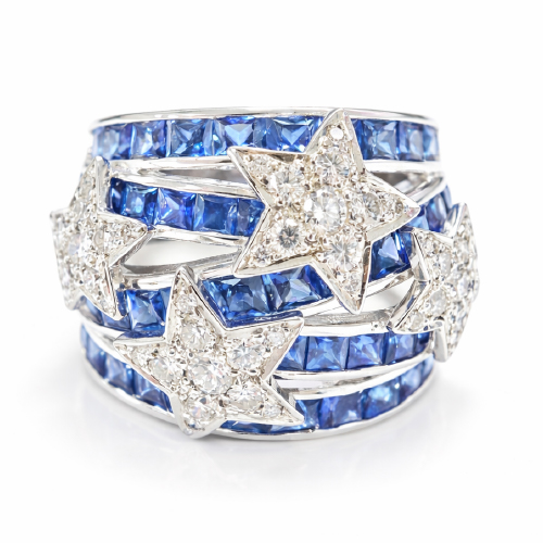 18K White Gold Diamond & Blue Sapphire Ring