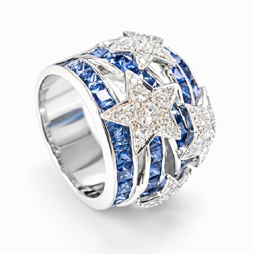 18K White Gold Diamond & Blue Sapphire Ring
