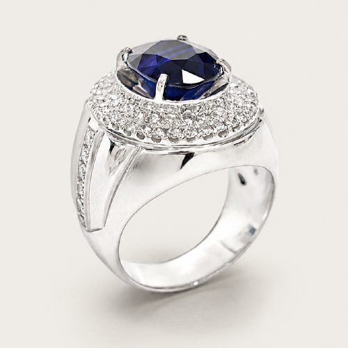 10K White Gold Diamond & Blue Sapphire Ring 2 Tone