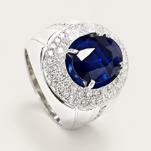 10K White Gold Diamond & Blue Sapphire Ring 2 Tone