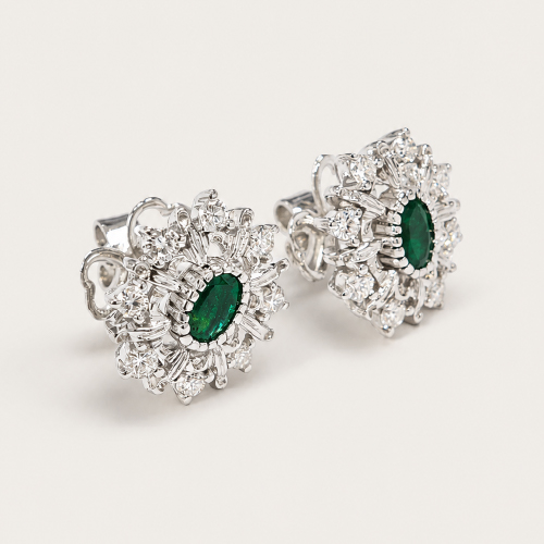 18K White Gold Diamond & Emerald Earstud