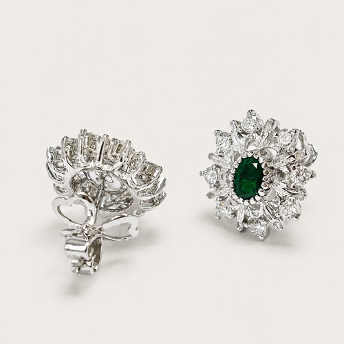 18K White Gold Diamond & Emerald Earstud