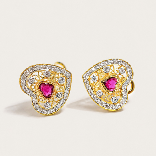 18K Yellow Gold Diamond & Ruby Earring Two Tone