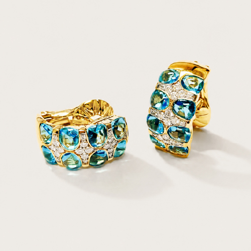 18K Yellow Gold Diamond & Blue Topaz Earring 2 Tone