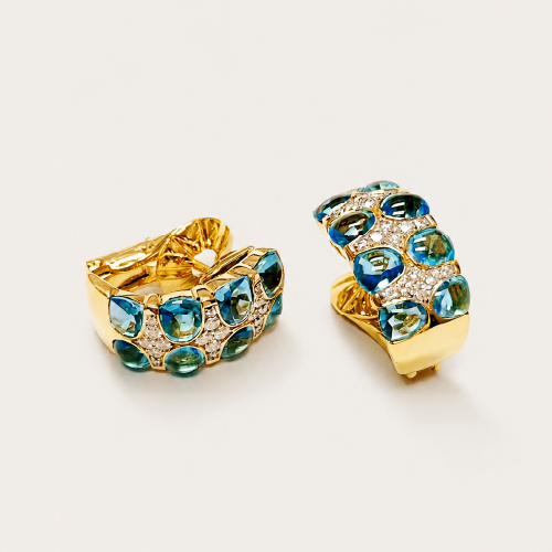 18K Yellow Gold Diamond & Blue Topaz Earring 2 Tone
