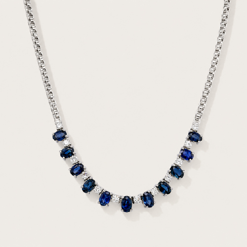 18K White Gold Diamond & Blue Sapphire Necklace