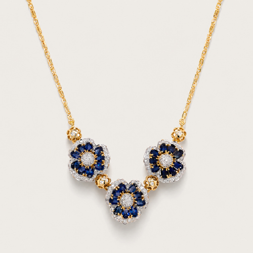 18K Yellow Gold Diamond & Blue Sapphire Necklace 2 Tone