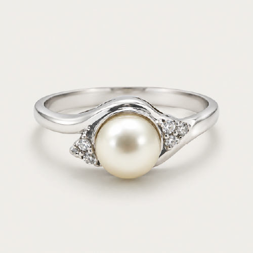 18K White Gold Diamond Pearl Ring