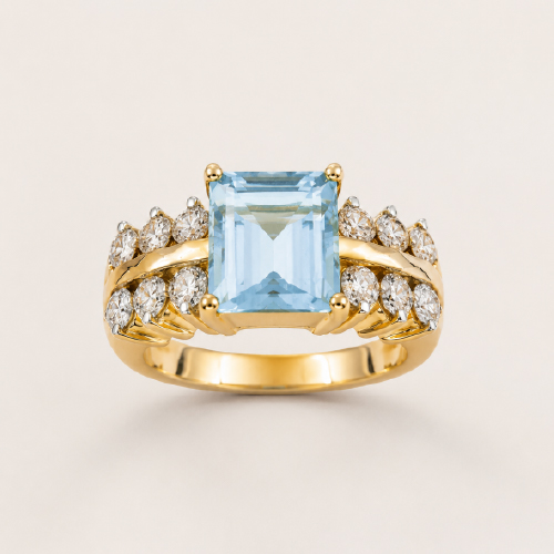 18K Yellow Gold Aquamarine Diamond Ring