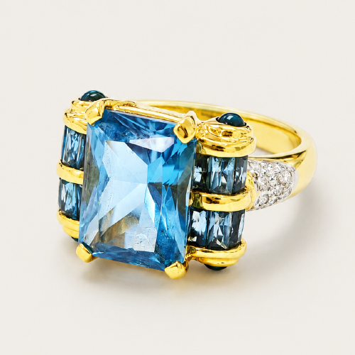 18K Yellow Gold Diamond & Blue Topaz Ring Two Tone