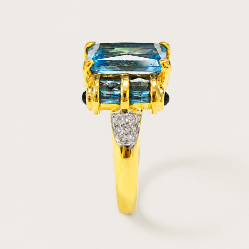 18K Yellow Gold Diamond & Blue Topaz Ring Two Tone