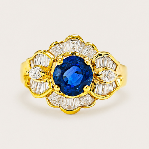 20K Yellow Gold Diamond & Blue Sapphire Ring
