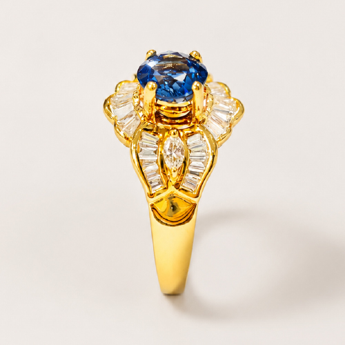 20K Yellow Gold Diamond & Blue Sapphire Ring