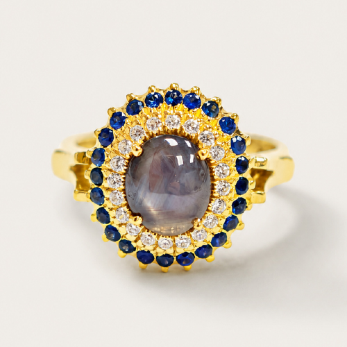 18K Yellow Gold Diamond & Blue Sapphire/Black Star Sapphire Ring