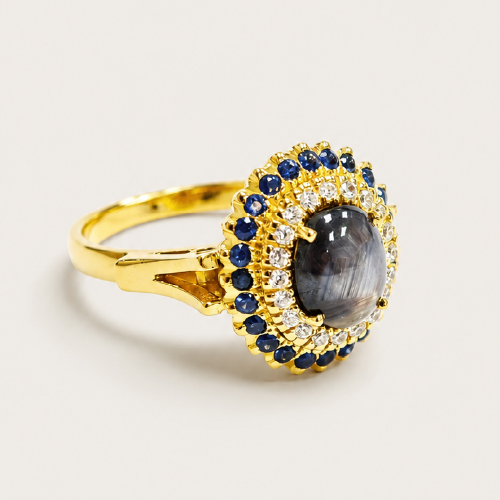 18K Yellow Gold Diamond & Blue Sapphire/Black Star Sapphire Ring