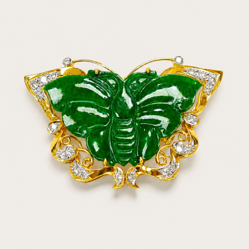 20K Yellow Gold Diamond & Jade Brooch Two Tone
