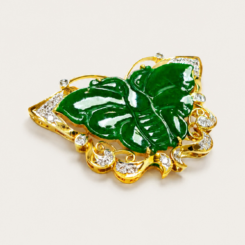 20K Yellow Gold Diamond & Jade Brooch Two Tone