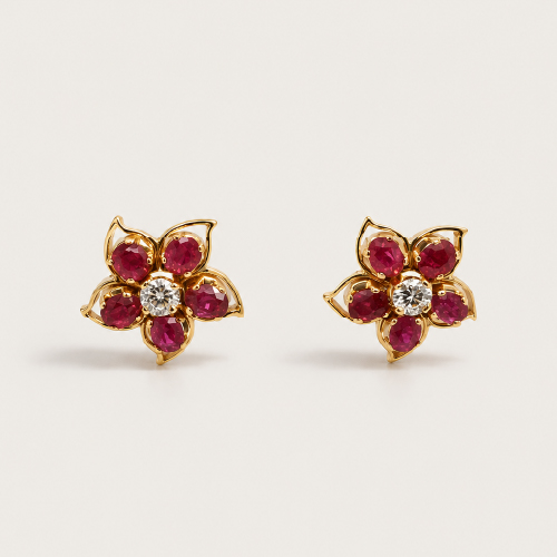 18K Yellow Gold Diamond Ruby Earstud