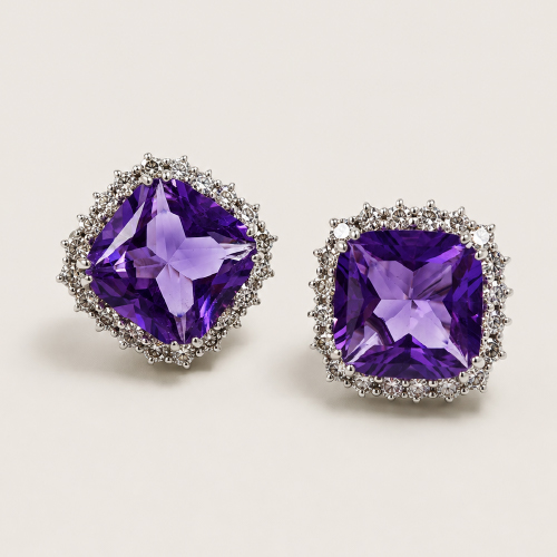 18K White Gold Diamond & Amethyst Earring