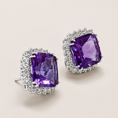 18K White Gold Diamond & Amethyst Earring