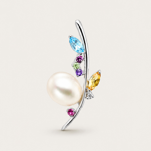 18K White Gold Pearl/Semi Precious Stone/Diamond Pendant