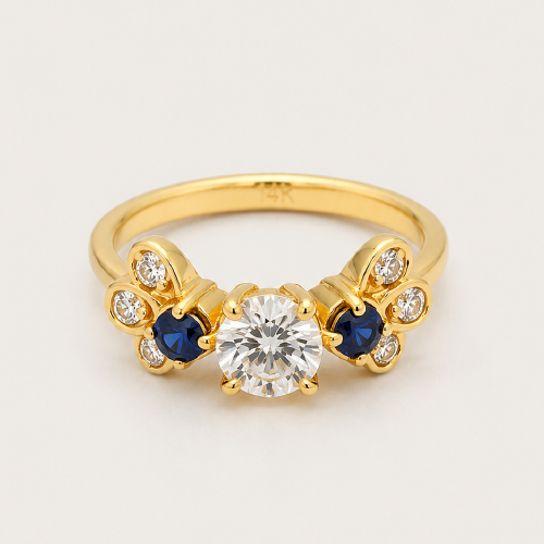 14K Yellow Gold Blue Sapphire Diamond Ring