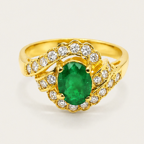 18K Yellow Gold Diamond Emerald Ring