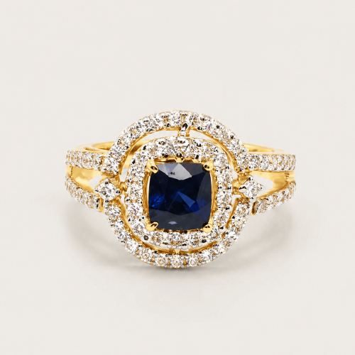18K Yellow Gold Blue Sapphire Diamond Ring