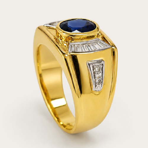 20K Yellow Gold Diamond & Blue Sapphire Ring 2 Tone