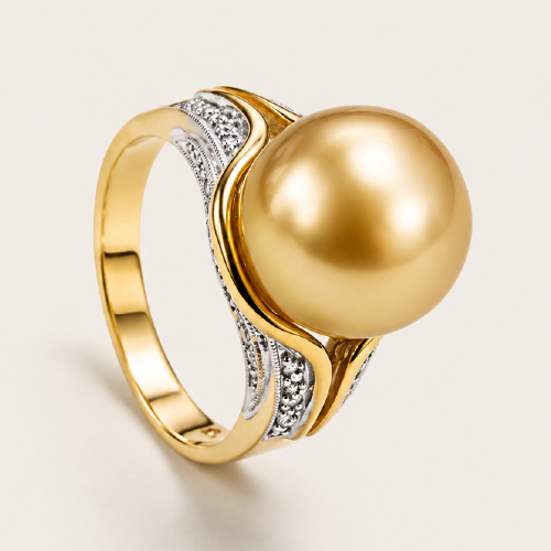 18K Yellow Gold Diamond & Pearl Ring 2 Tone