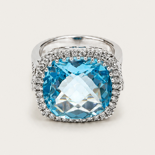 18K White Gold Diamond & Blue Topaz Ring