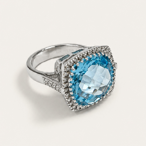 18K White Gold Diamond & Blue Topaz Ring