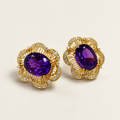 18K Yellow Gold Diamond & Amethyst Earring 2 Tone