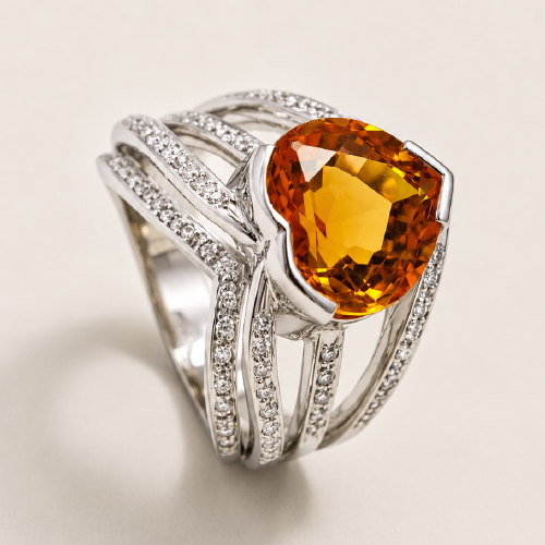 18K White Gold Diamond & Citrine Ring