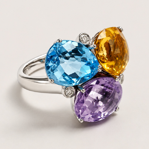 18K White Gold Diamond & Semi Precious Stone Ring