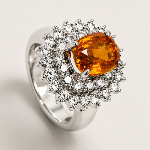 PT900 Diamond & Yellow-Orange Sapphire Ring