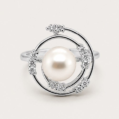 18K White Gold Diamond Pearl Ring