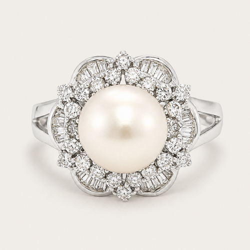 18K White Gold Diamond Pearl Ring