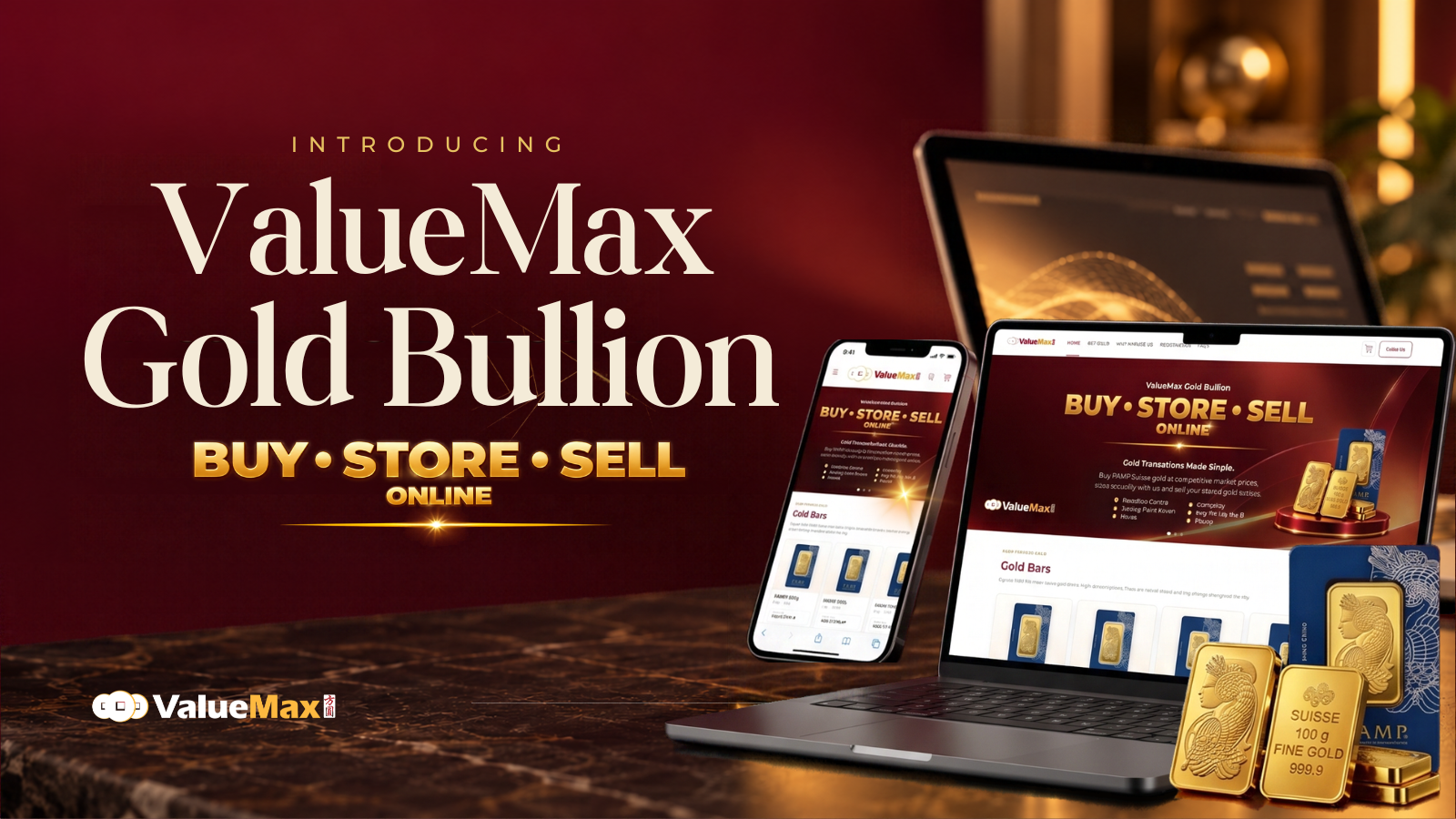 ValueMax Gold Bullion online platform showing PAMP Suisse gold bars