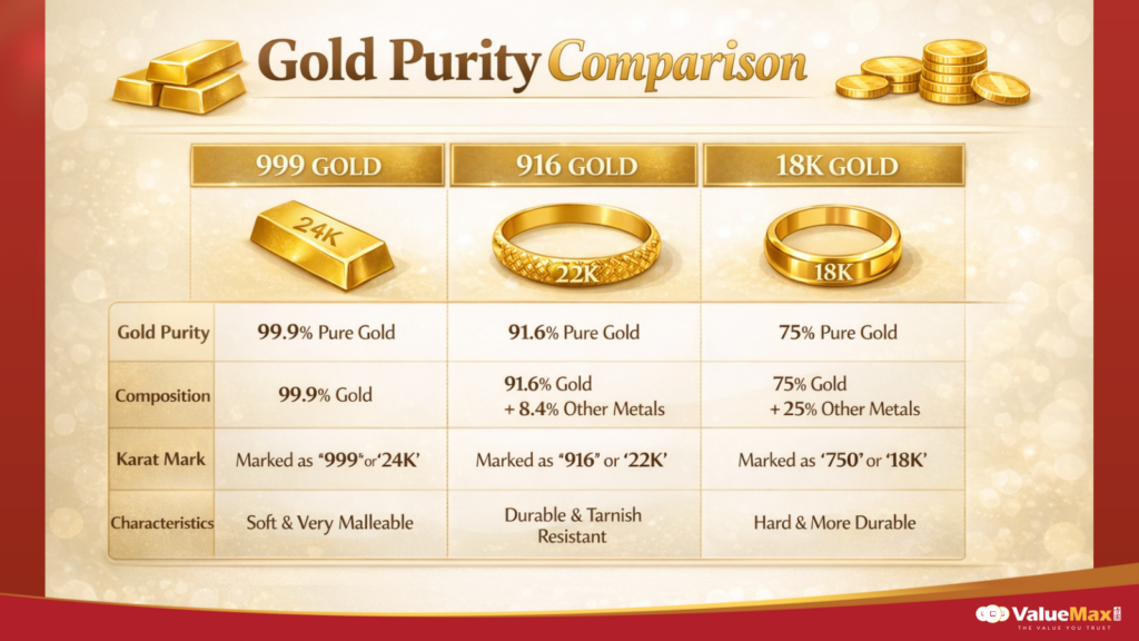 Gold Purity Comparison 999, 916 & 18K